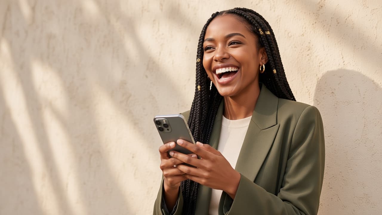 Young Kenyan professional celebrating a salary advance on her phone